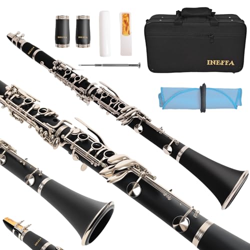 INEFFA Bb Clarinet for Beginners Professional Black Wood Clarinet with Hard Case Cleaning Cloth and Fingering Chart Reeds for Students & Adults (Bakelite)