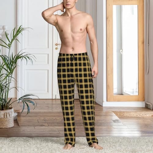 Mens Pajama Pants - Gold Grid Print Soft Sleep Lounge Pants For Men, Casual Pj Bottoms With Pockets2