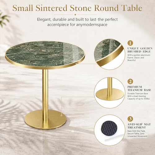 Image of 31.5 inchTulip Table, Sintered Stone Small Round Dining Tables&Metal Edge&Base | Small Modern Circle Dining Table for 2-4 Person ,Bistro Tables for Dining Room /Kitchen /Restaurants /Small Spaces /Verde Alpi