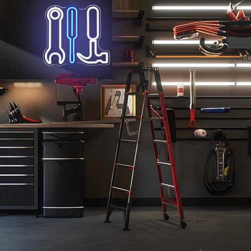 Image of Tool Set Neon Sign Garage Neon Sign for Wall Decor LED Neon Lights for Hardware Shop USB Dimmable Neon Sign for Man Cave Workshop Garages, or Shops 12.9x13.7 Inches