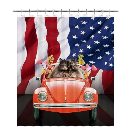 GABSHAIM Funny Persian Cat Drive a Car Shower Curtain US Flag Background Bath Curtains Patriotic Theme Shower Curtain Waterproof Fabtic Bathroom Decor 72x80 Inch Style 1