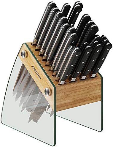 23 Slot Clear Knife Block Without Knives,Kitchen Knife Holder Organizer Stand Durable Bamboo Knife Dock Rack with Transparent Tempered Glass.