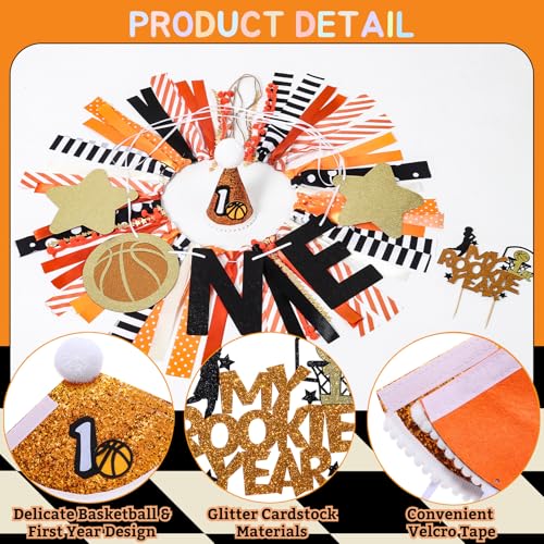 Image of Basketball Highchair Banner for First Birthday Party Decorations | My 1st Rookie Year Basketball Fabric Banner for Boys Black Orange High Chair Banner for One Birthday Backdrop Decorations