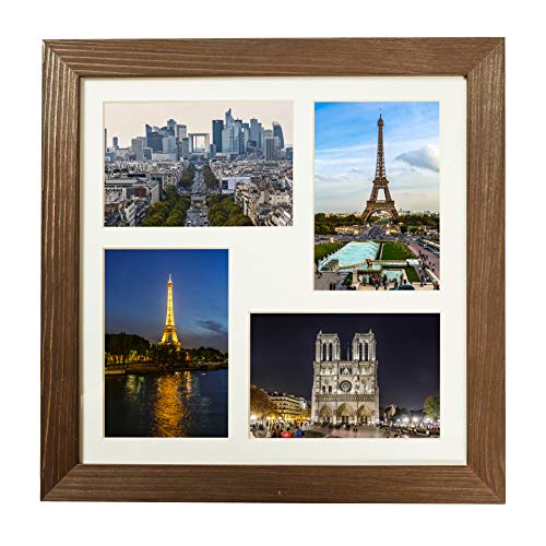 Rustic Solid Wood Square Collage Photo Frame 12x12 inch – Display Four (4) 4x6 inch Pictures with Mat Wall Tabletop - Brown