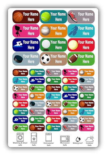 Personalized Labels – Sport’s Icon Designs. 52 Custom Stickers for School, Daycare and Camp. Waterproof Name Labels Dishwasher and Microwave Safe, Machine Washable. (Sports)