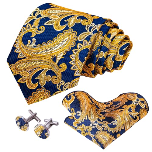 Image of 5PCS Tie and Pocket Square for Men, Silk Necktie and Handkerchief Cufflinks with Gold Ring and Lapel Pin Set