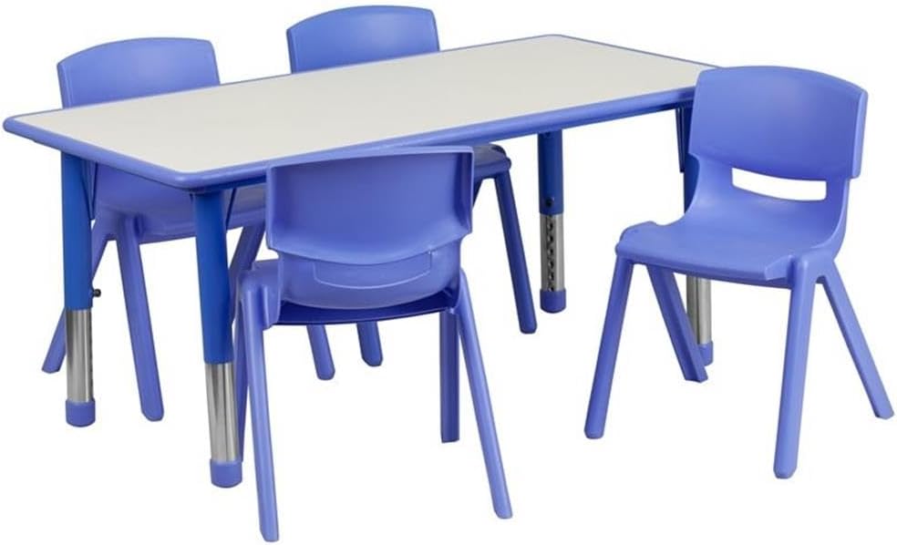 BOWERY HILL Kids' Rectangular Plastic Activity Table Set, Gray Laminate Top, Blue Rounded Edges, Adjustable Steel Legs, Includes 4 Stackable School Chairs, Indoor Classroom or Playroom Furniture