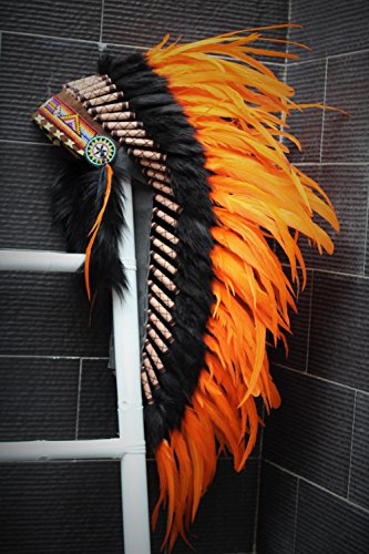 Native American Inspired Headdress - Handcrafted with Genuine Feathers and Beads (Orange)