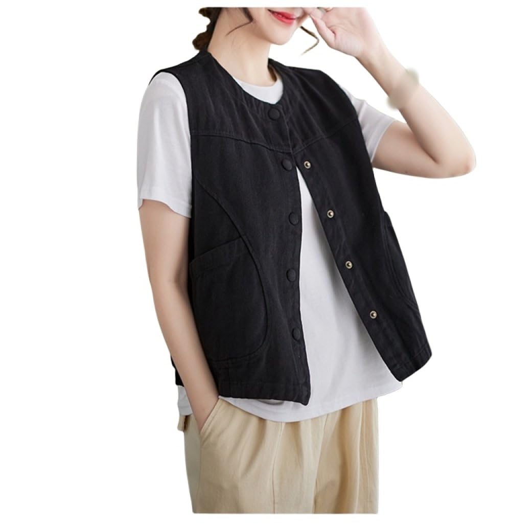 YONGHONGKEJI Women's Cotton Linen Waistcoat, Single Breasted Crew Neck Waistcoat Office Formal Suit Vest With Pockets Sleeveless Blazer Jacket Gilet Summer Vest Top,Black,L
