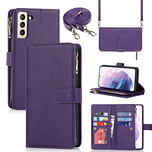 Jaorty for Samsung Galaxy S21 Plus / S21+ Wallet Case for Women with Card Holder,Galaxy S21 Plus Crossbody Phone Cases with Shouler Strap,Zipper Pocket PU Leather Kickstand Purse,6.7