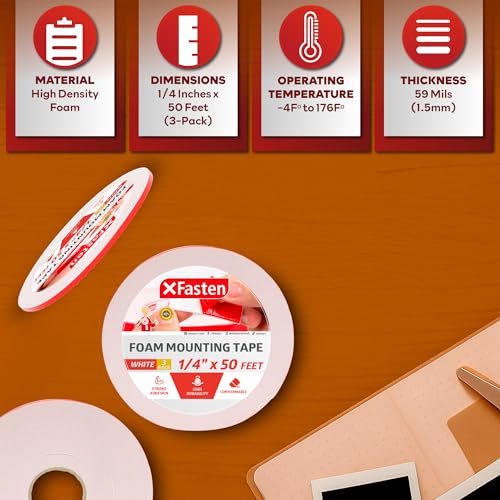 XFasten Double Sided Foam Tape for Crafts Card Making 1/4 Inch x 50 Feet 3-Pack 150ft Total Craft Double Sided Scrapbooking Foam Tape Thick Mounting Tape for 3D Pop-out Card Making, Photos, and Labels