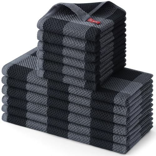 Homaxy 100% Cotton Kitchen Towels and Dishcloths Set of 12, Black & Grey