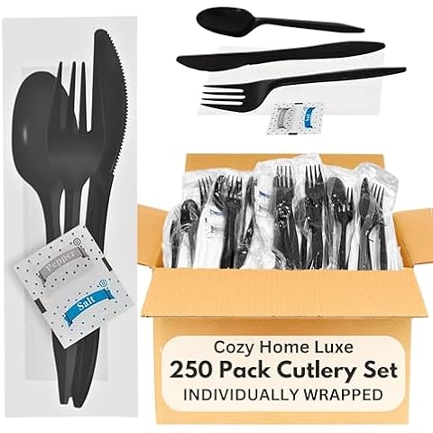 250-Pack Plastic Cutlery Set - Fork, Spoon, Knife, Napkin, & Salt Pepper - Black Plastic Cutlery Packets | Plastic Silverware Sets Individually Wrapped Cutlery Set Disposable Cover
