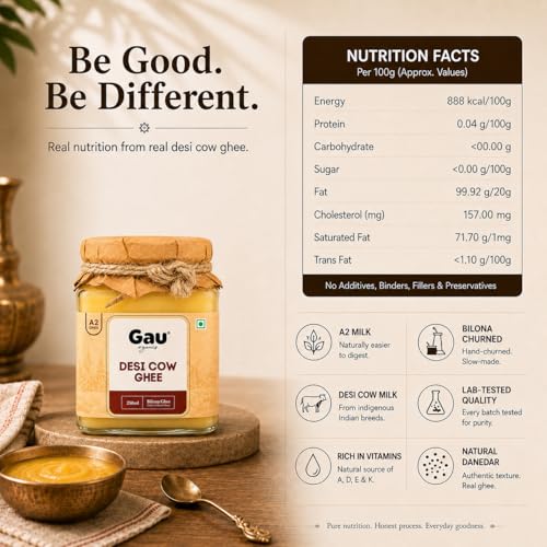 Image of Gau Organics A2 Desi Cow Ghee 250ml | Traditional Bilona Method from Curd | Made from Indigenous Desi Cow Milk | Lab Tested with 117 Quality Checks | Pure Ghee Glass Jar