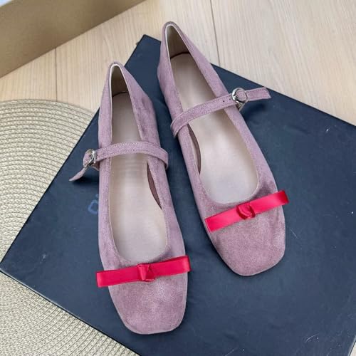 Hee grand Women's Square Toe Bowknot Mary Jane Shoes Ankle Strap Ballet Flats Comfortable Suede Dress Shoes2