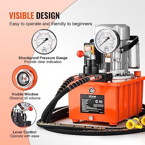 Image of VEVOR 10000 PSI 750W 110V 488 in /8L Capacity, Double Acting Manual Valve, Electric Driven Hydraulic Pump Power Pack Unit with Lever Switch for Punching /Bending /Jack Machines, Orange