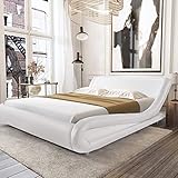 Urest Full Size Bed Frame Faux Leather Modern Platform Bed with Headboard/Mattress Foundation/Strong Wood Slat Support,White