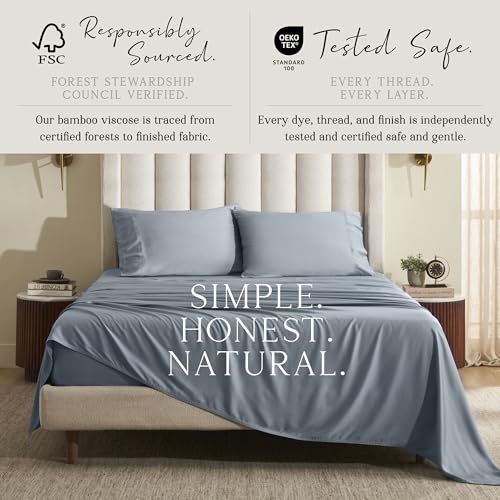 Image of KARISSA MAE Luxury Bamboo Viscose Twin Size Sheet Set | FSC Certified | Cooling | Ultra Soft | 18 inch Deep Pockets | Elastic Corner Straps | Includes Organizer Band [Chambray Blue]