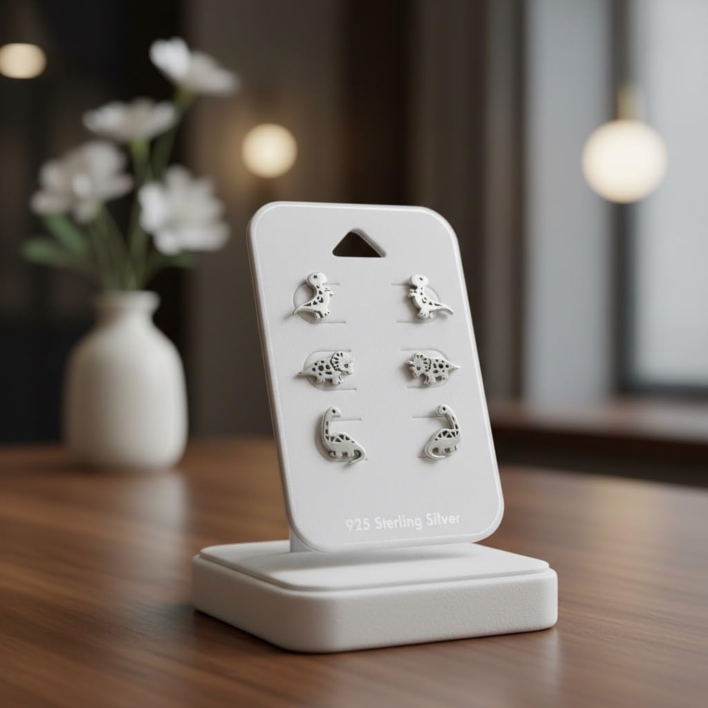 ICYROSE 925 Sterling Silver Set of 3 Pairs Assorted Dinosaur and Friends jurassic Stud Earrings (Nickel Free) T-rex, Tyrannosaurus, Brachiosaurus, Triceratops - Image 6