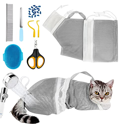 Image of Cat Bathing Bag Adjustable Cat Grooming Net Bag Anti-bite & Anti-Scratch Cat Bath Washing Restraint Bag, Breathable Mesh Cat Grooming Bag for Shower, Nail Trimming, Injection | Secure Restraint for Safer Grooming and Bathing, Reducing Stress and Helping Prevent Scratches and Escapes