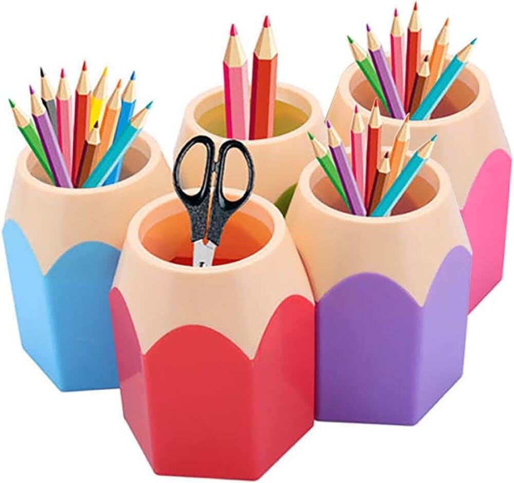5 Pack Pencil Tip Shaped Pen Holder, Plastic Desk Stationery Organizer, Multifunctional Storage Container for Pens, Pencils, Scissors, Makeup Brushes, Desk Tidy for School Office Home