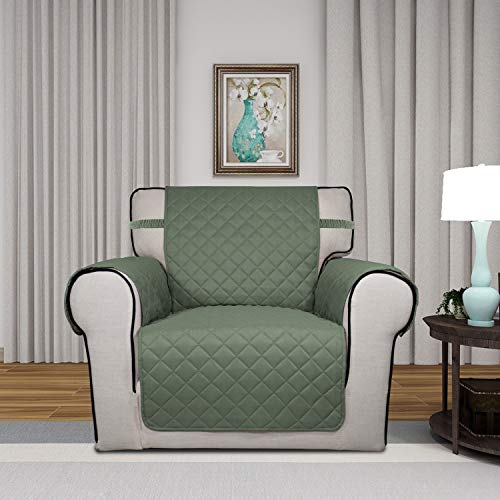 Image of PureFit Reversible Quilted Sofa Cover, Water Resistant Slipcover Furniture Protector, Washable Couch Cover with Non Slip Foam and Elastic Straps for Kids, Dogs, Pets (Chair, Greyish Green /Beige)