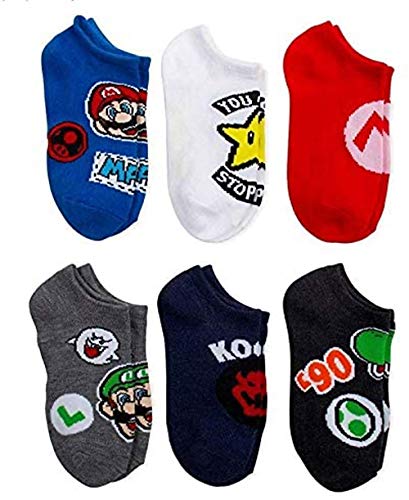 Super Mario Socks for Boys 6-Pack No-Show (Small (4.5-8.5))