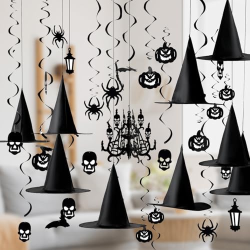 JOYIN-Hanging-Swirl-Halloween-Decorations-Indoor-Witch-Hats-Ghost-Chandelier-Bat-Lantern-Spider-Pumpkin-Skull-Ceiling-Streamers-Party-Supplies-Wall-Halloween-Decor-Ornaments