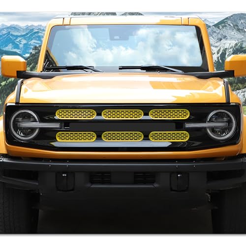Image of Front Grill Mesh Grille Inserts Cover Frame Trims Kit 6Pcs Fit for Ford Bronco 2021-2026+ 2 /4 Door Exterior Accessories (Yellow)