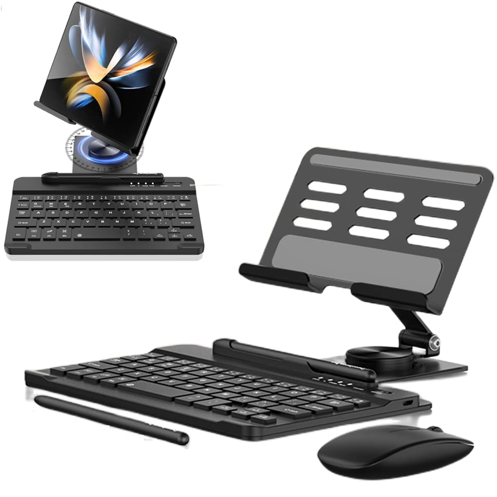 for Samsung Galaxy Z Fold 5 4 3 Stand and Keyboard Mouse, Portable Detachable Bluetooth Keyboard, Foldable Adjustable Tablet Stand Holder for Desk, with Wireless Mouse and Pen