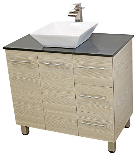 WINDBAY 36" Freestanding Bathroom Vanity, Tan. Black Flat Stone Countertop