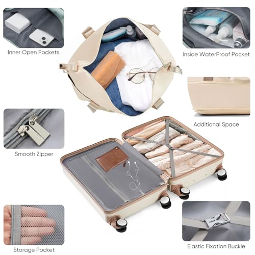 20-Inch Carry-On Luggage Set, ABS Hard Shell Two-Piece Travel Bag with USB Port, Cup Holder, Expandable Hardside Suitcase, Airline Approved Carry-On Spinner (Ivory and Gloden, 20-Inch)3