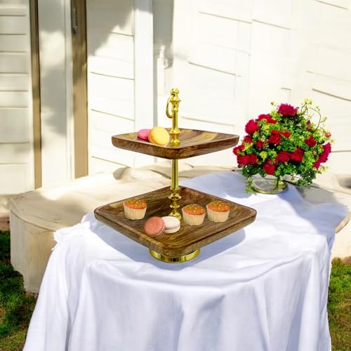 Image of 2-Tier Wooden Dessert Stand with Gold Metal Frame - Elegant Square Tray Display for Cakes, Cupcakes, Pastries - Perfect for Parties, Weddings