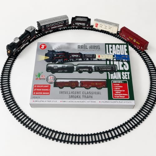 Image of Big Rail King Classic Smoke Train Toy New Edition Electric Railway Train Set with Tracks | Rail King Rechargeable Engine, Passenger Coach, Coal Wagon & Container Car | Smoke, Music & LED Lights