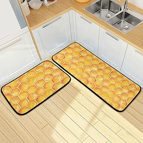 Kitchen Rugs and Mats 2 Pieces Honeycomb Beehive Wasp Bumblebee Anti Fatigue Kitchen Rug Set Non Slip Bath Mat Entry Floor Carpet Entrance Door Mat Runner 20