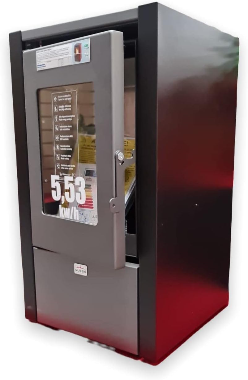 Side view of the Queen Mignon 6 pellet stove with the door open