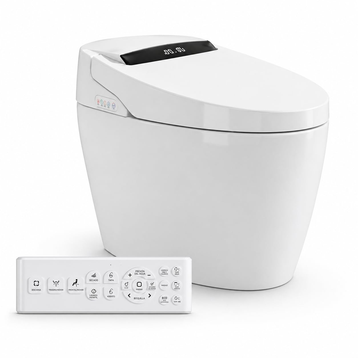 Inodoro Inteligente Completo | WC con Bidet y Secado | Diseño sin Cisterna | Lavado Trasero y Femenino | Apertura Cierre y Descarga Automática | Sensor Presencia | Asiento Calefactable | 100S