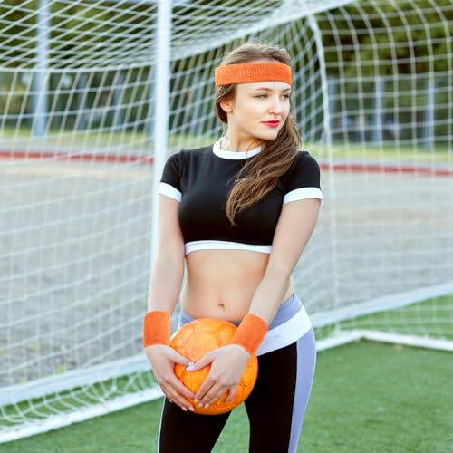 Image of Civaner 12 Pcs 80 90s Neon Sweatbands Soccer Baseball Headbands Wristband Set for Men Women Party Cotton Headbands Terry Cloth Athletic Sweat Bands for Tennis Football Gym Outdoor