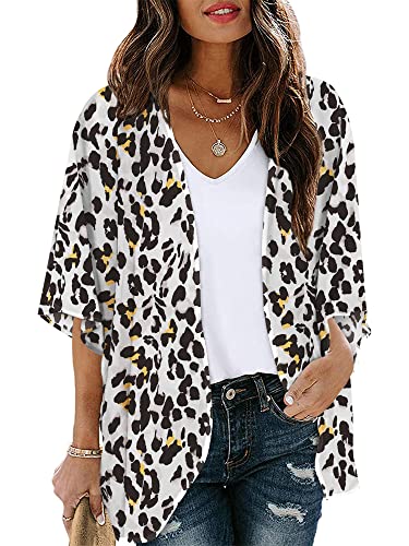 Image of Chunoy Women Leopard Printed Lightweight Kimono Cardigan Half Sleeve Shawl Chiffon Beach Wear Cover Up Snow White Large