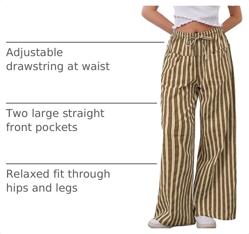 Image of MISSACTIVER Women Drawstring Striped Pants Loose Wide Leg Trousers Casual Low Waist Pants Comfy Lounge Pants with Pockets