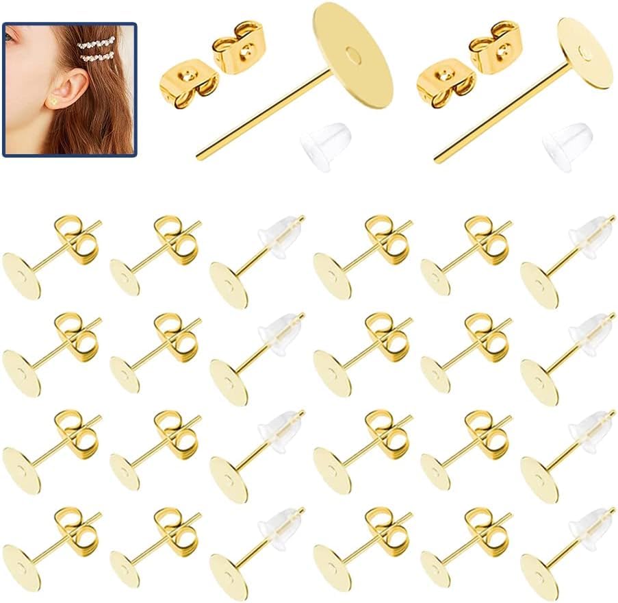 Image of Dhruv Crafts Earring Posts Stainless Steel, 340Pcs 4mm /6mm Steel Flat Pad Earring Studs, Butterfly and Clear Rubber Earring Backs for Jewelry Making DIY (Gold)
