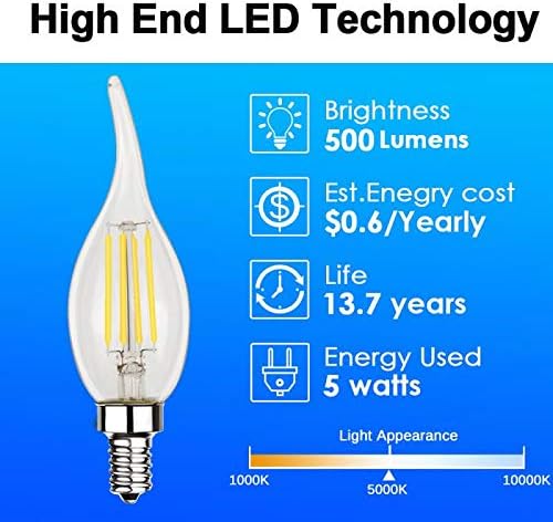 Energetic 60 Watt Dimmable E12 LED Chandelier Light Bulb, 5000K Daylight CA11 Vintage Filament LED Candelabra Bulb, CRI90+ 500lm, Suitable for Ceiling Fan, Kitchen, Bathroom, Living Room(12 Pack)