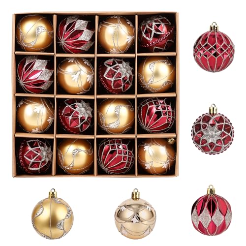 GarveeHome 16 Pcs Christmas Ball Ornaments Set for Xmas Tree, 2.36 in Red Gold Christmas Tree Ornaments, Shatterproof Plastic Hanging Holiday Balls fo
