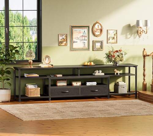 Huuger TV Stand for 75 80 Inch TV, Entertainment Center with Power Outlets and LED Lights, 70.9 Inch TV Console for Living Room, Media Console with Drawers and Shelves, Black, 8780BC