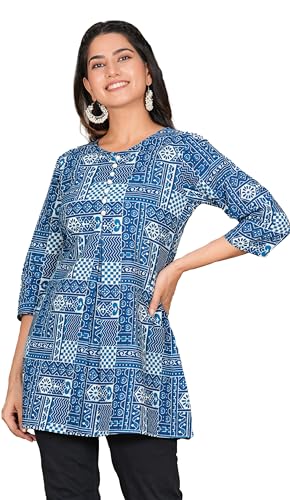Image of Yash Gallery Women's Cotton Relaxed Fit Short Geomatric Printed Kurti
