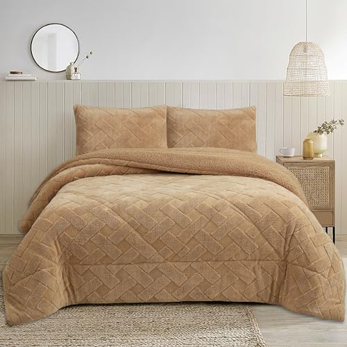 NH NOVOTEXTIL HOGAR Edredón Invierno Sherpa Extra Grueso 560gr/m2 - Sedalina, Fibra Hueca y Sherpa(Efecto Borreguito). 1 o 2 Fundas Cojín (50x70) (Nipro Beige, Cama 90-180x260)