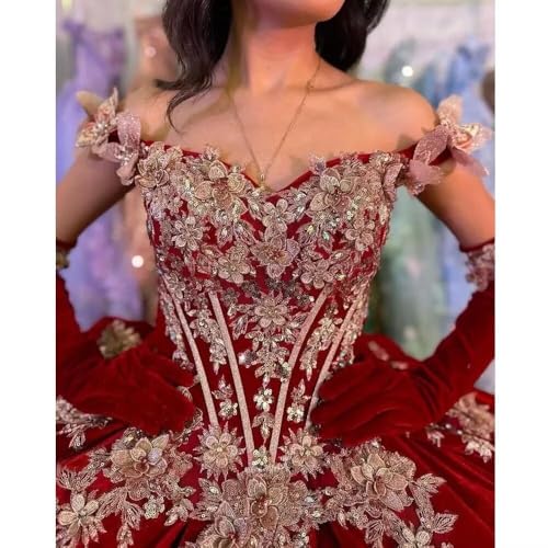 Off Shoulder Quinceanera Dresses Puffy Velvet 3D Flowers Ball Gown 3D Butterfly Sweet 15 16 Prom Dresses4