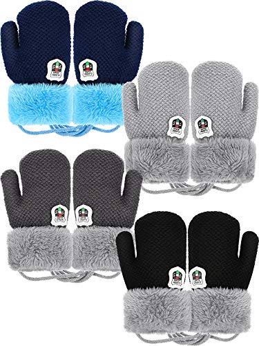 4 Pair Fleece Lined Mitten for Baby Kid Toddler Gloves Knit Thick Thermal Gloves (Black, Light Gray, Dark Gray, Blue)
