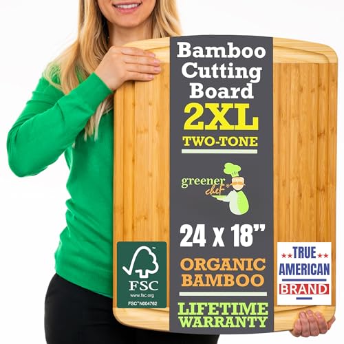GREENER CHEF 24 Inch Bamboo Cutting Board with Lifetime Replacement - 2XL Extra Large Wooden Butcher Block for Kitchen, Stove Top, Meat, Vegetables, and Charcuterie with Deep Juice Grooves