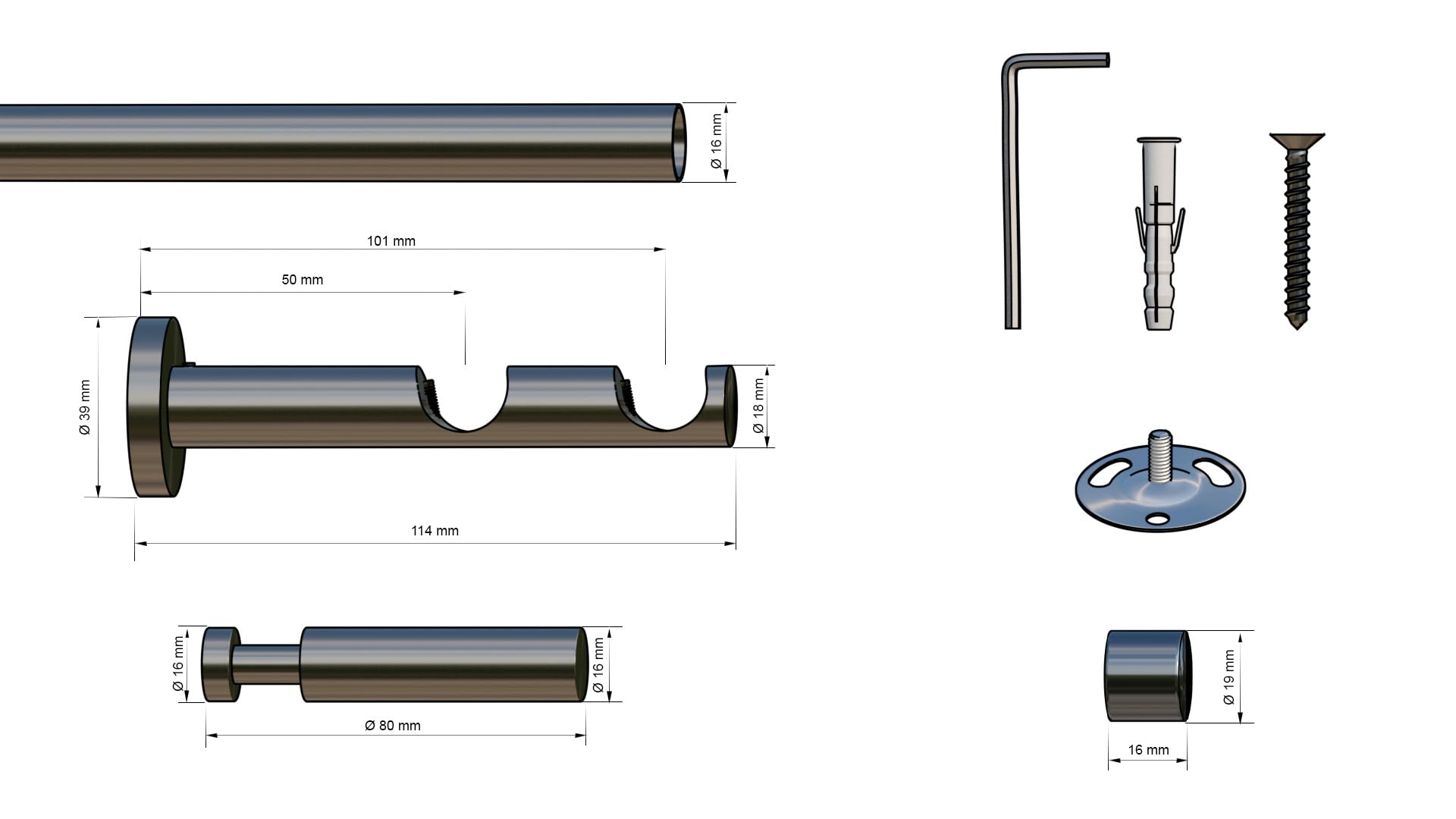 tilldekor Gardinenstange Inka 2, Edelstahl-Optik, 16 mm Durchmesser, auf Maß 230 cm inkl. Trägern und Endstücken